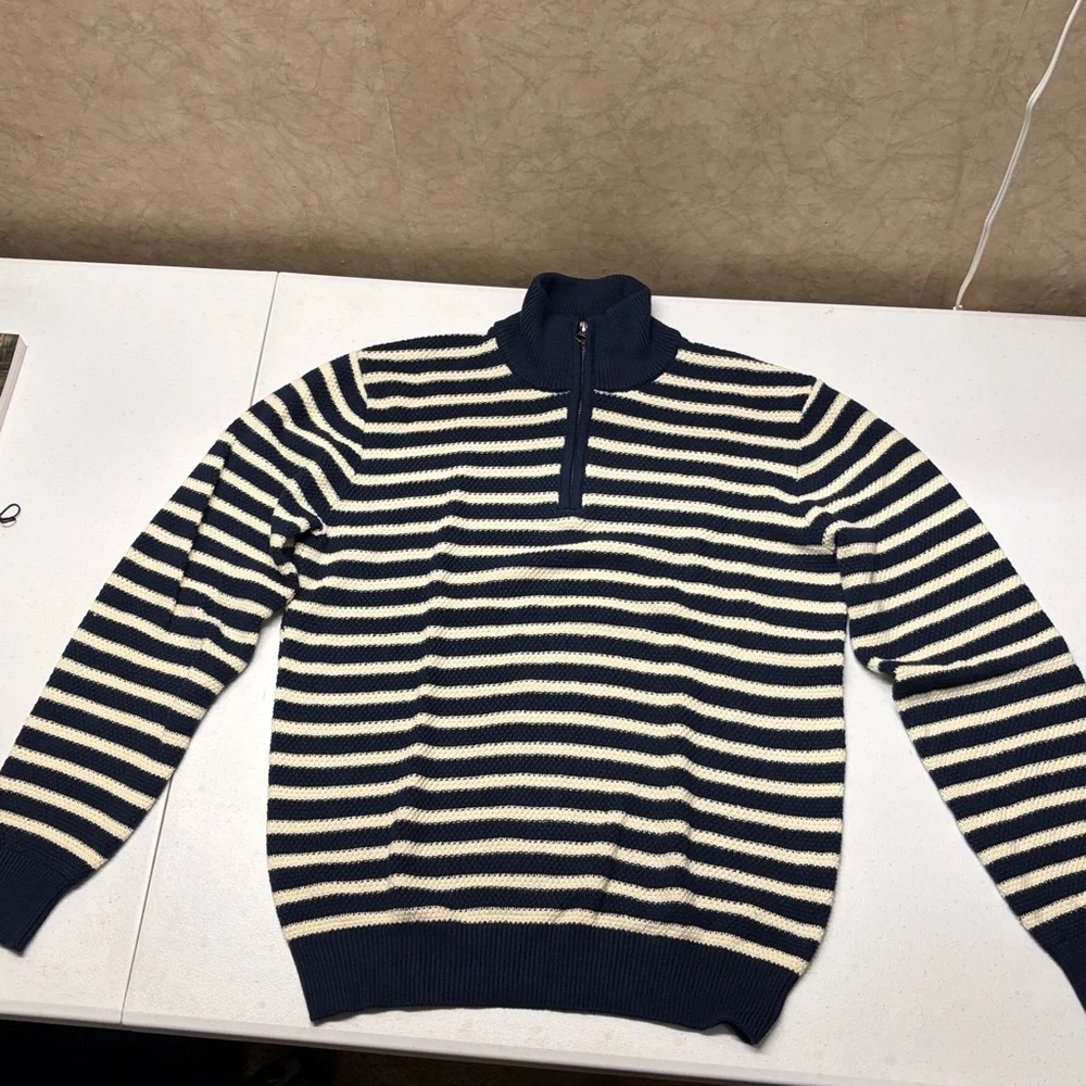 Schott Striped Waffle Weave 1/4 Zip Sweater Men's Small Navy & Cream 100% Cotton